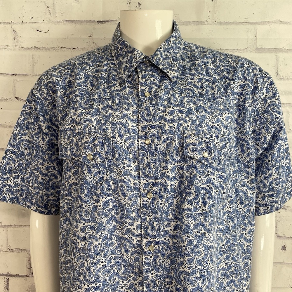 Wrangler Shirt Men's XXL 2XL Pearl Snap‎ Short Sleeve Paisley Blue Western